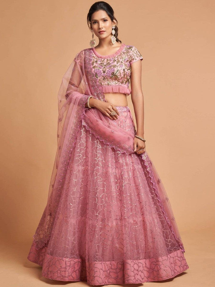 Blush Pink Thread Embroidered Net Party Wear Lehenga Choli