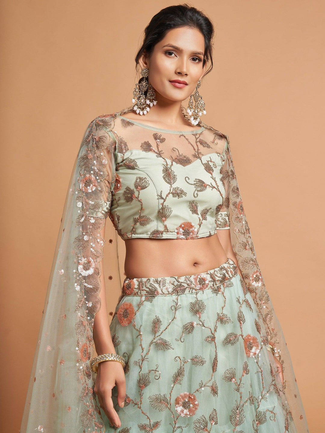 Remarkable Pista Green Thread Net Party Wear Lehenga Choli