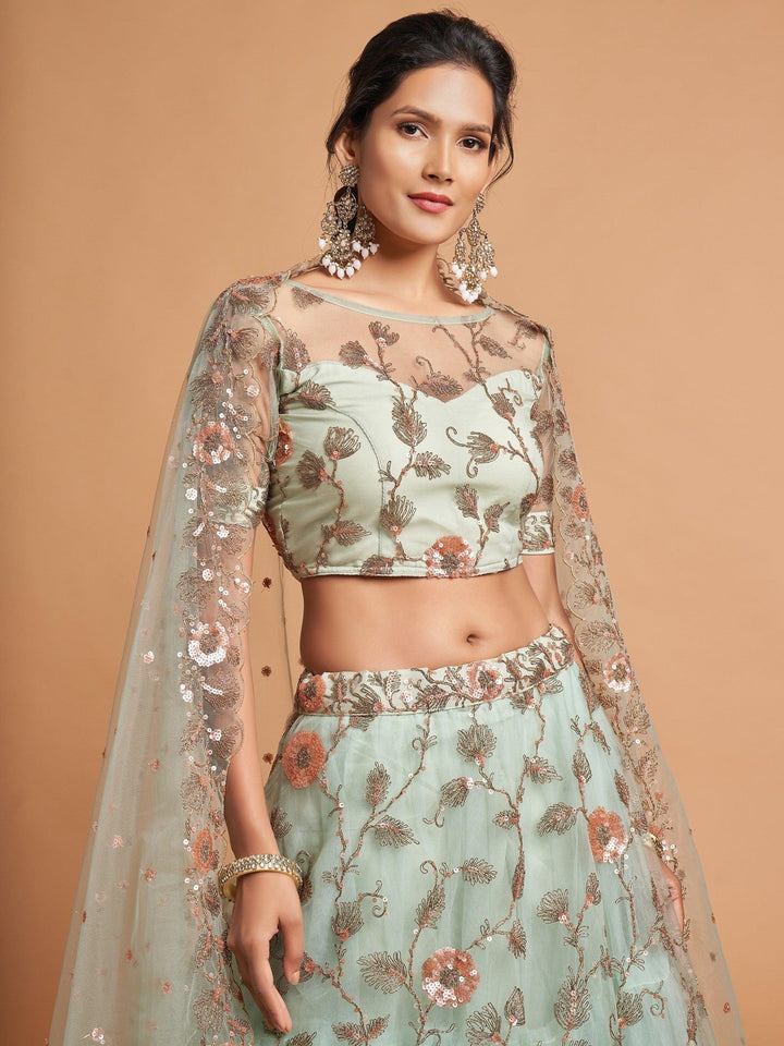 Pista Green Thread Net Party Wear Lehenga Choli