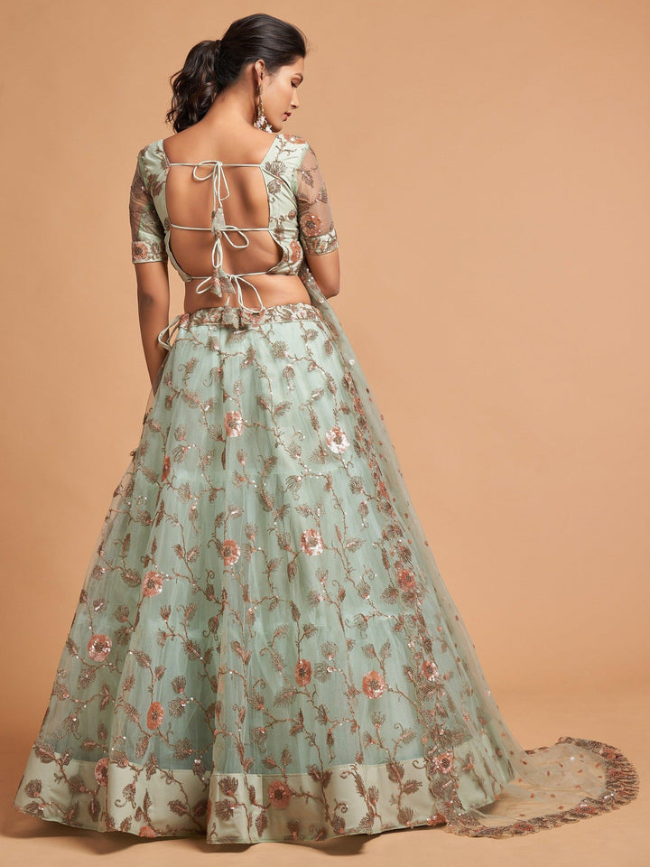 Remarkable Pista Green Thread Net Party Wear Lehenga Choli