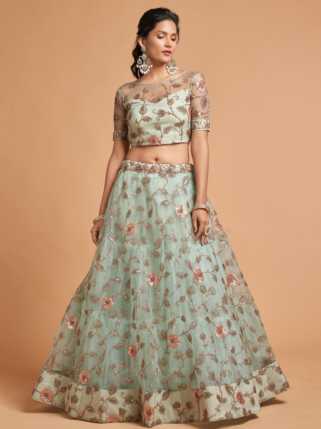 Pista Green Thread Net Party Wear Lehenga Choli