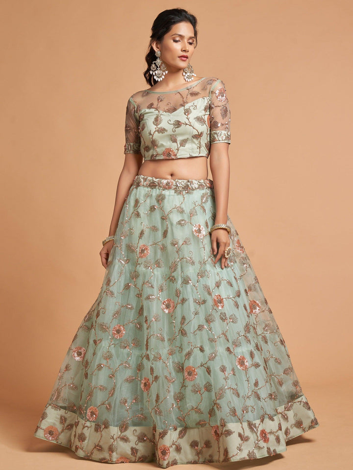Pista Green Thread Net Party Wear Lehenga Choli