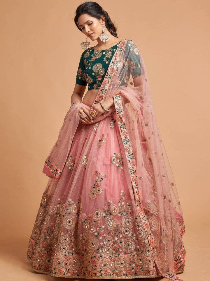 Peach Thread Embroidered Net Wedding Lehenga Choli