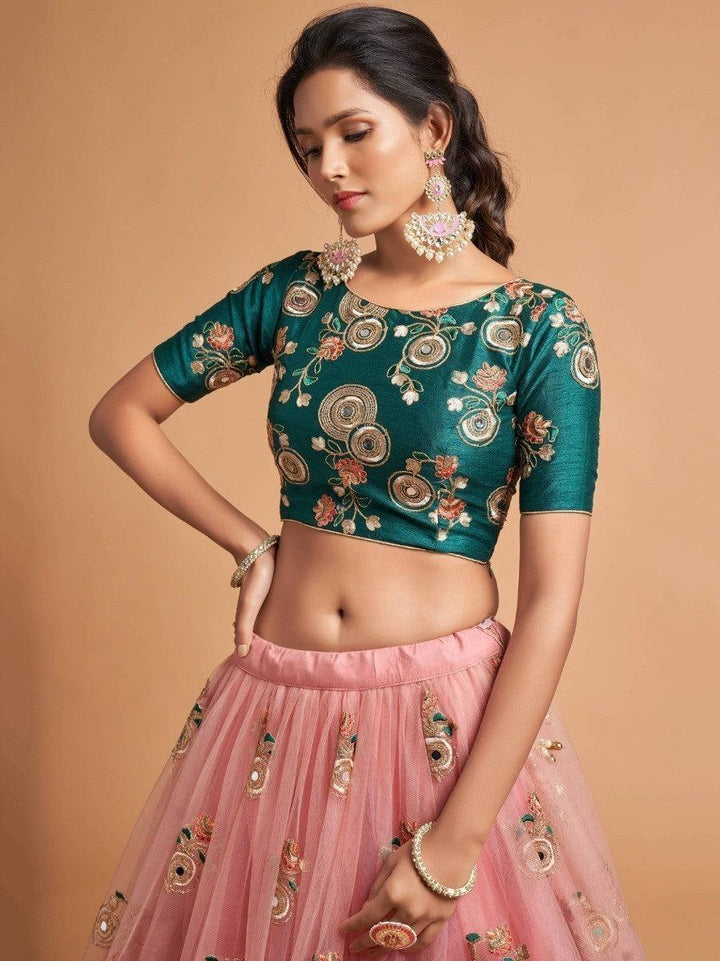 Peach Thread Embroidered Net Wedding Lehenga Choli