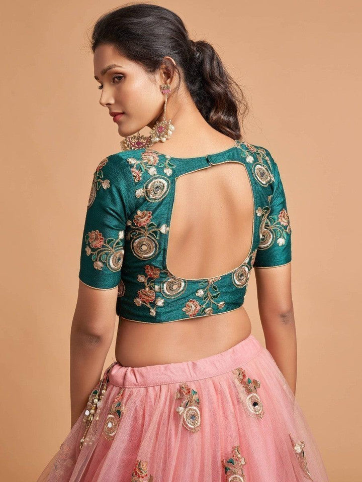 Peach Thread Embroidered Net Wedding Lehenga Choli