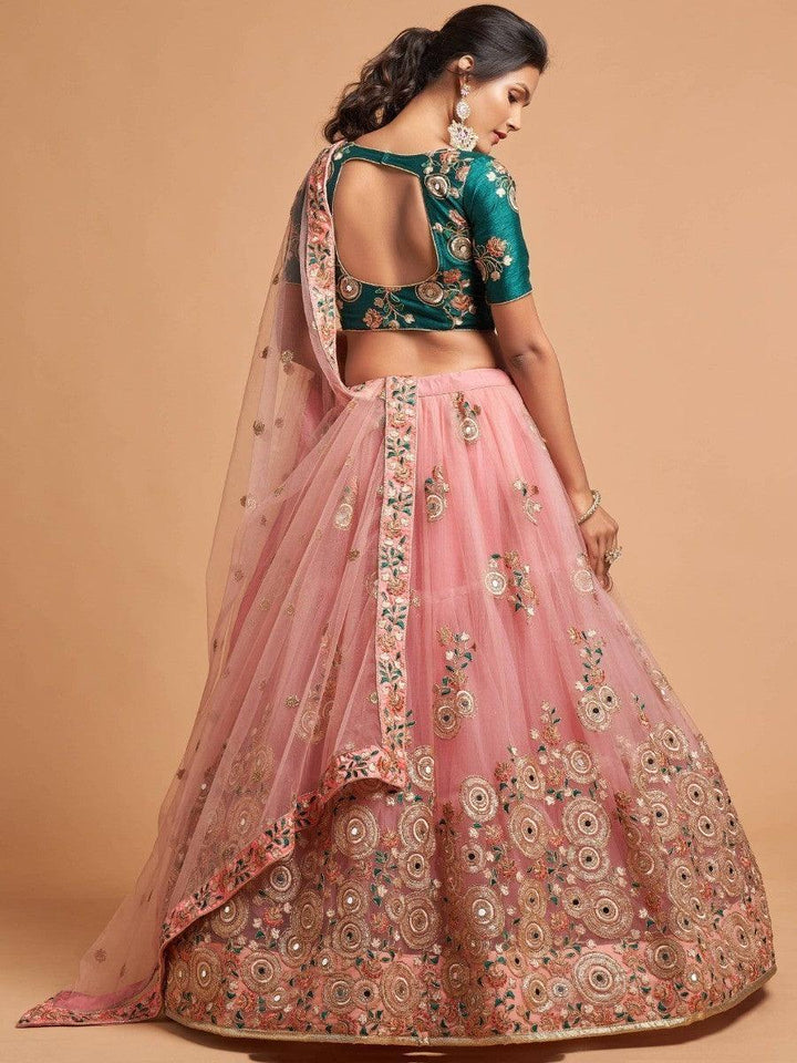 Peach Thread Embroidered Net Wedding Lehenga Choli