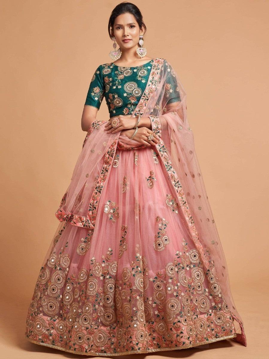 Peach Thread Embroidered Net Wedding Lehenga Choli