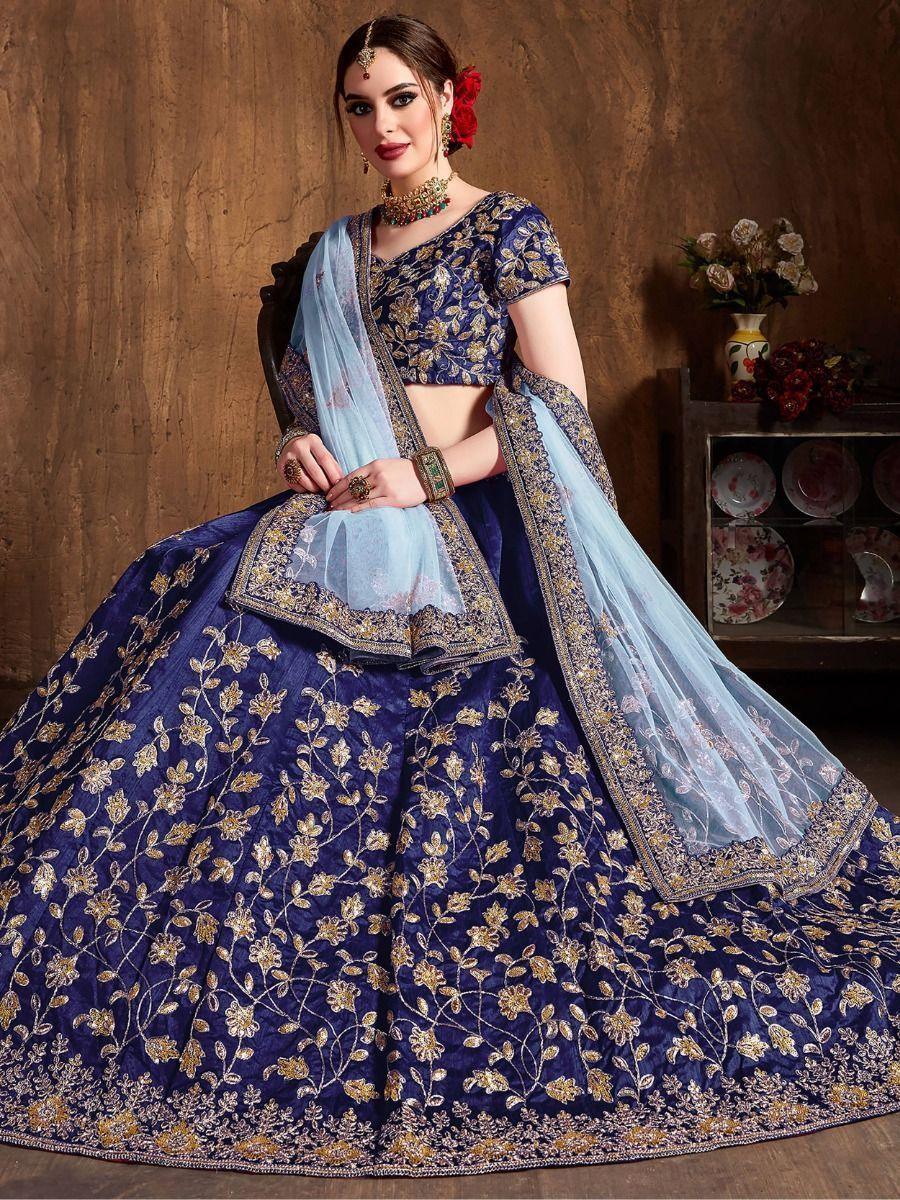 Navy Blue Sequins Raw Silk Wedding Wear Lehenga Choli