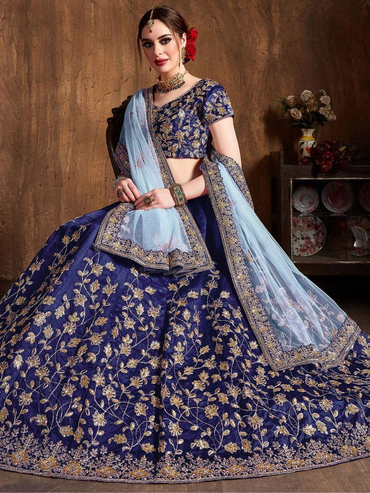 Navy Blue Sequins Raw Silk Wedding Wear Lehenga Choli