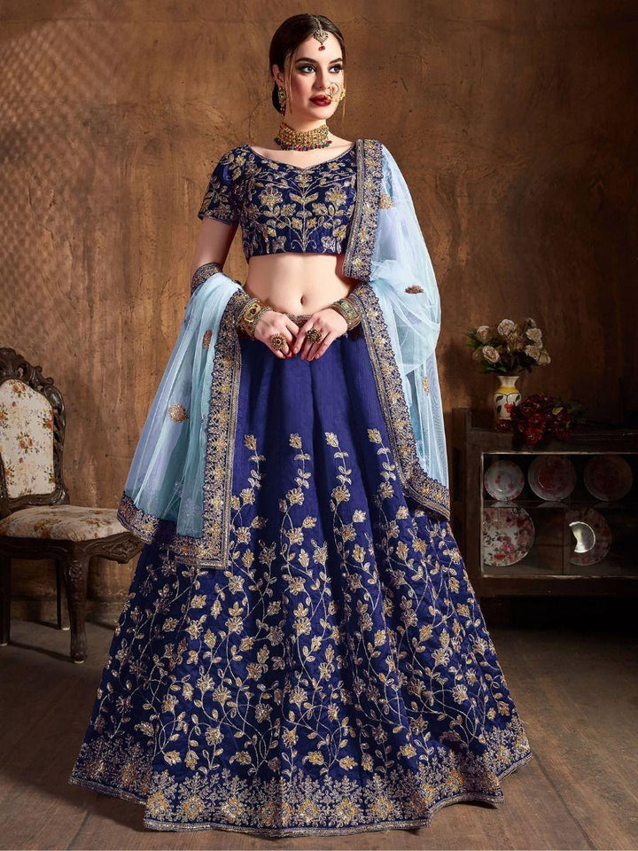Navy Blue Sequins Raw Silk Wedding Wear Lehenga Choli