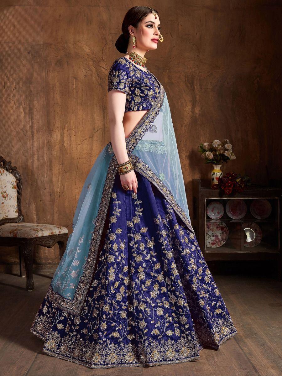 Navy Blue Sequins Raw Silk Wedding Wear Lehenga Choli