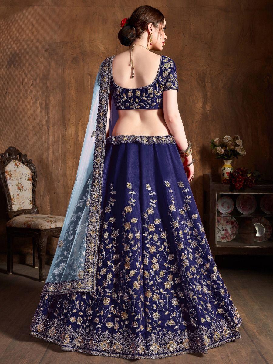 Navy Blue Sequins Raw Silk Wedding Wear Lehenga Choli