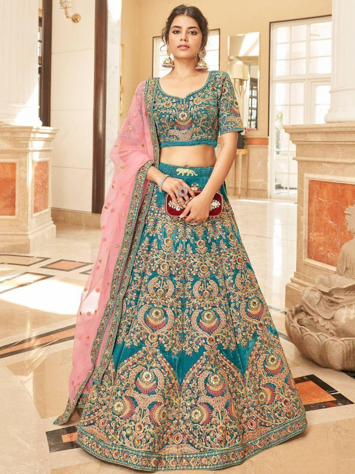 Teal Blue Embroidered Velvet Bridal Wear Lehenga Choli