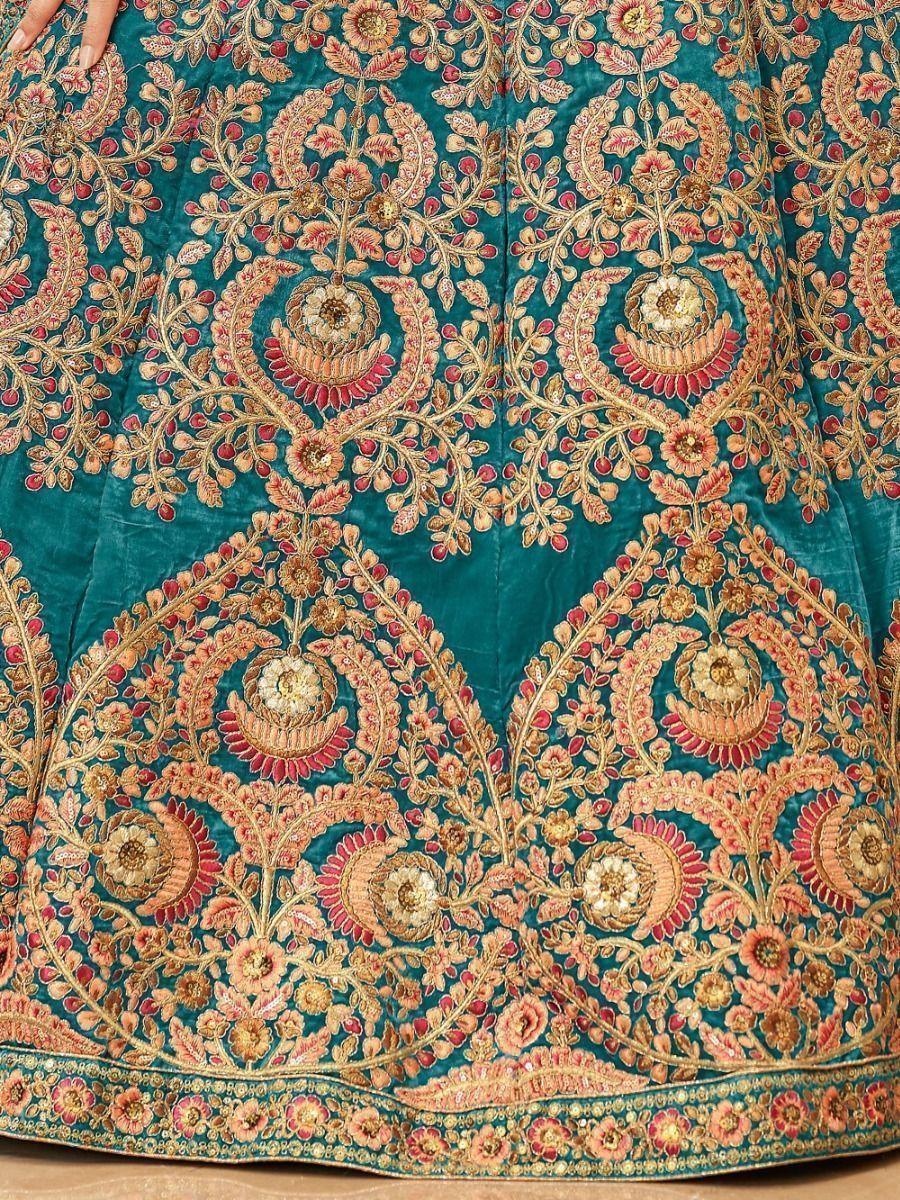 Teal Blue Embroidered Velvet Bridal Wear Lehenga Choli