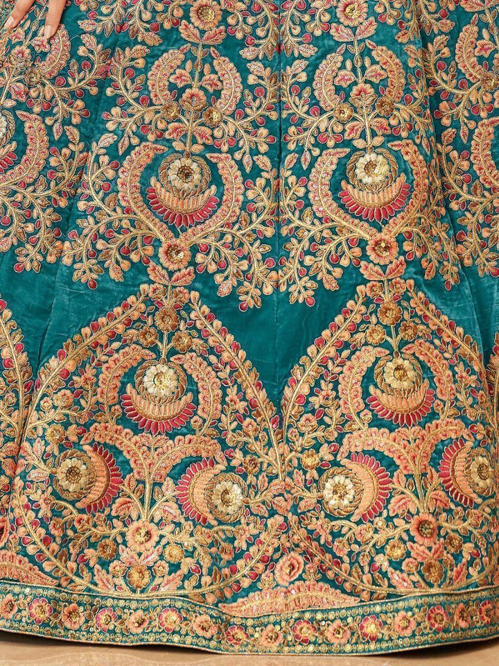 Teal Blue Embroidered Velvet Bridal Wear Lehenga Choli