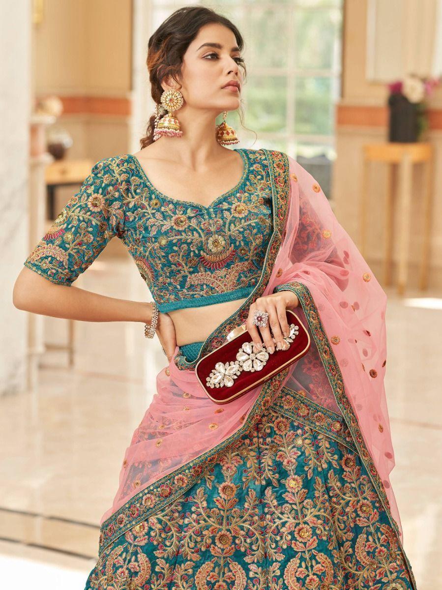 Teal Blue Embroidered Velvet Bridal Wear Lehenga Choli