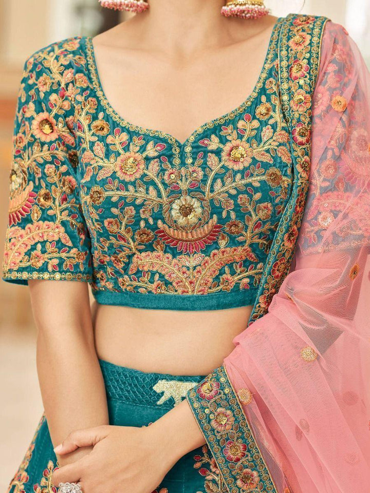 Teal Blue Embroidered Velvet Bridal Wear Lehenga Choli