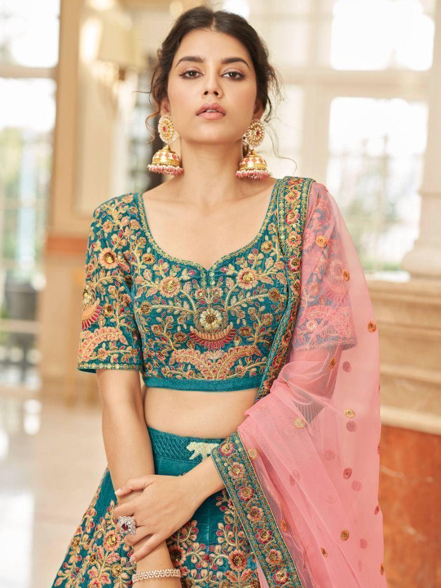 Teal Blue Embroidered Velvet Bridal Wear Lehenga Choli