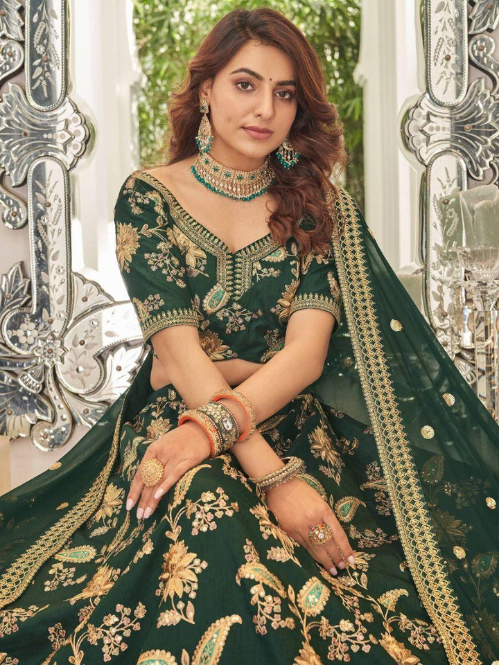 Green Embroidered Art Silk Wedding Wear Lehenga Choli