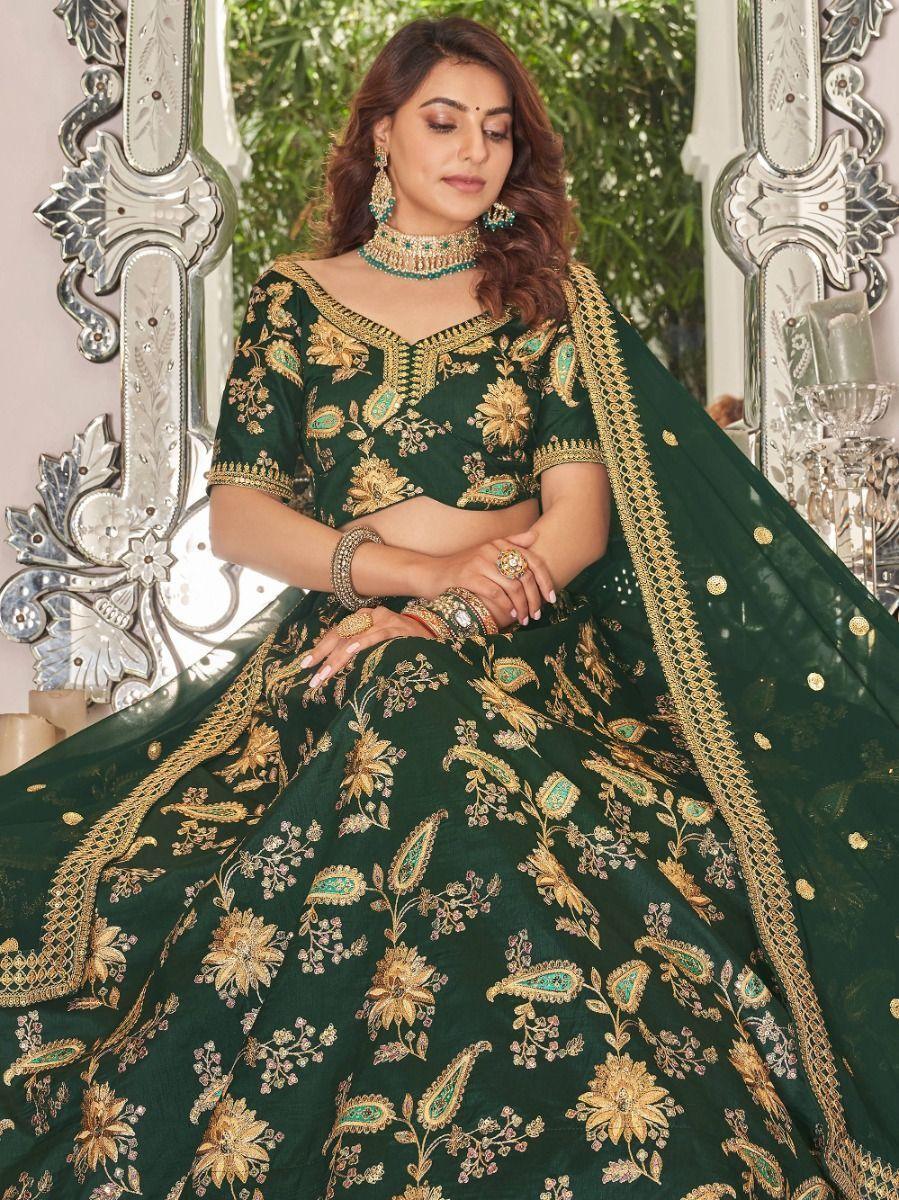 Stunning Green Embroidered Art Silk Wedding Wear Lehenga Choli