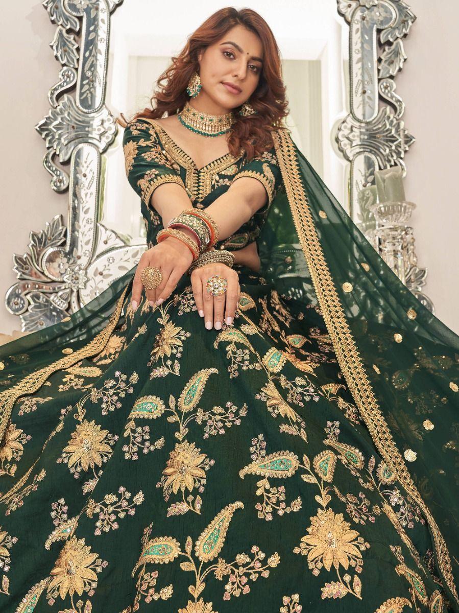 Stunning Green Embroidered Art Silk Wedding Wear Lehenga Choli