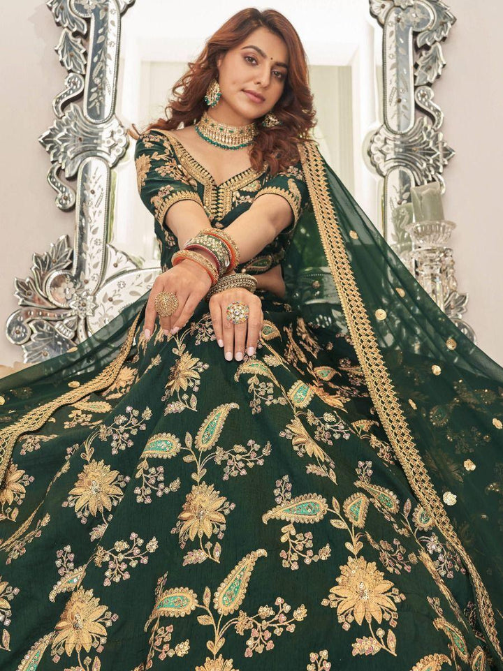 Stunning Green Embroidered Art Silk Wedding Wear Lehenga Choli
