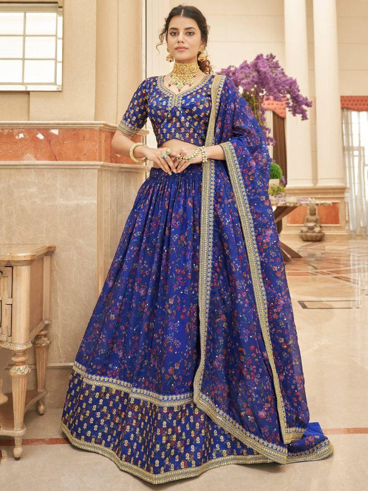 Blue Digital Printed Organza Reception Wear Lehenga Choli