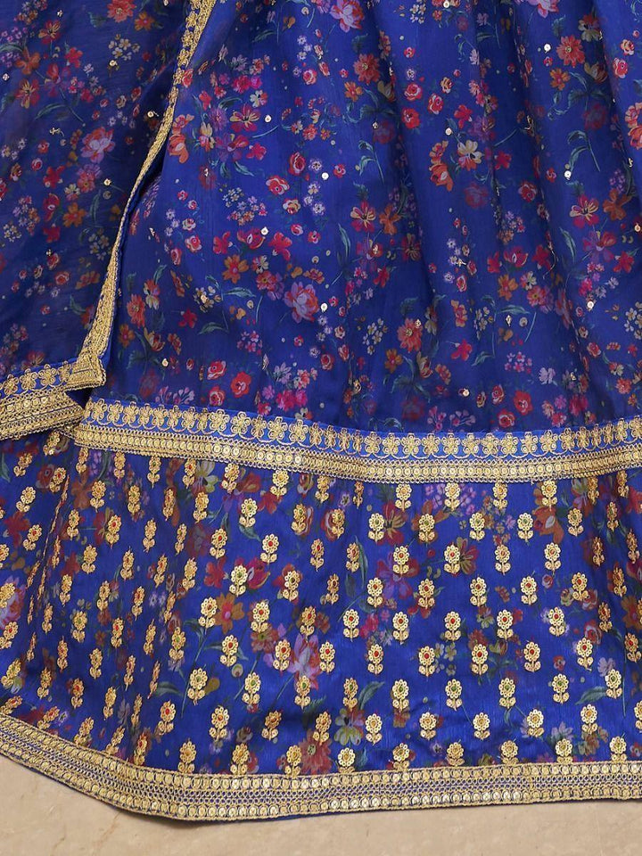Beautiful Blue Digital Printed Organza Reception Wear Lehenga Choli