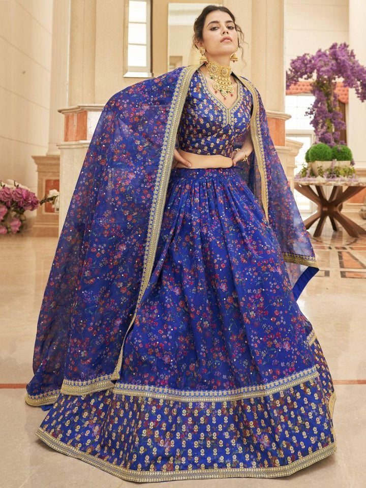 Blue Digital Printed Organza Reception Wear Lehenga Choli