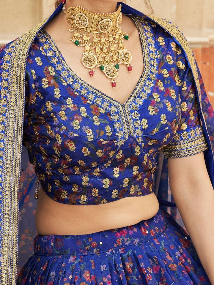 Beautiful Blue Digital Printed Organza Reception Wear Lehenga Choli