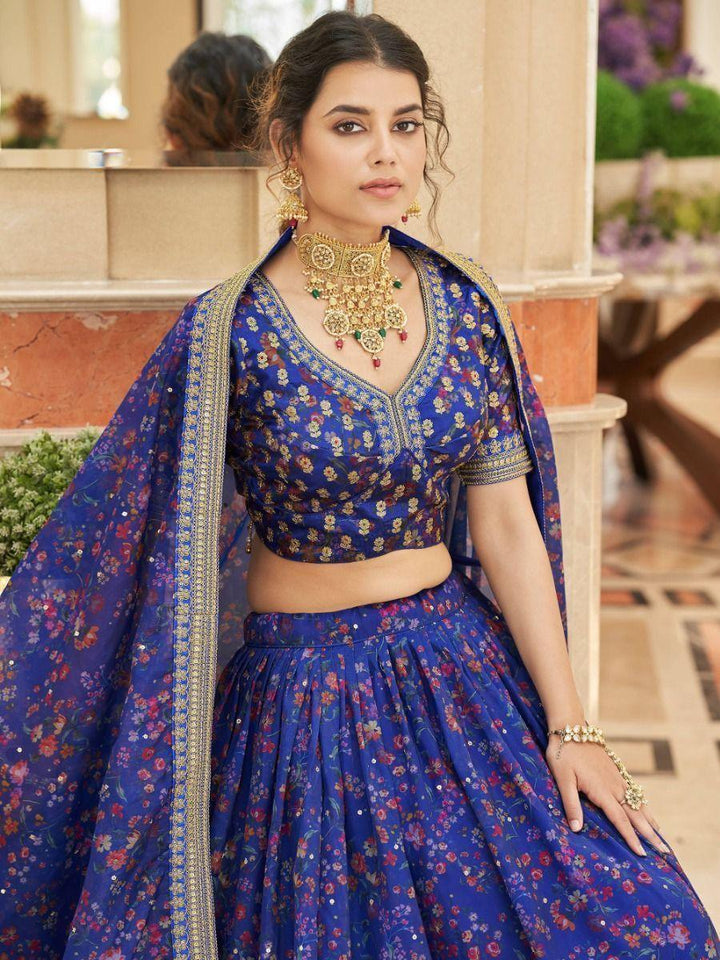 Beautiful Blue Digital Printed Organza Reception Wear Lehenga Choli