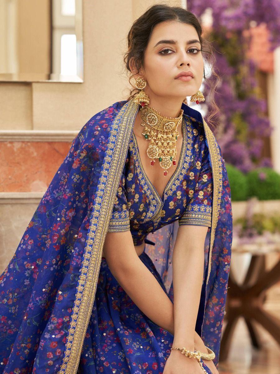 Beautiful Blue Digital Printed Organza Reception Wear Lehenga Choli
