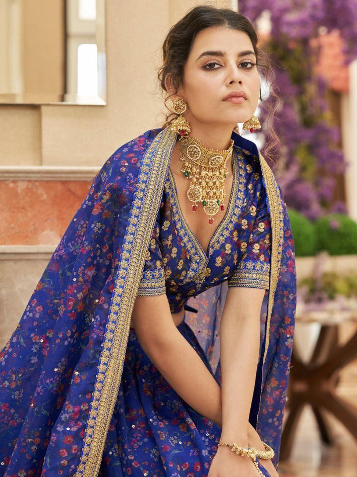 Beautiful Blue Digital Printed Organza Reception Wear Lehenga Choli