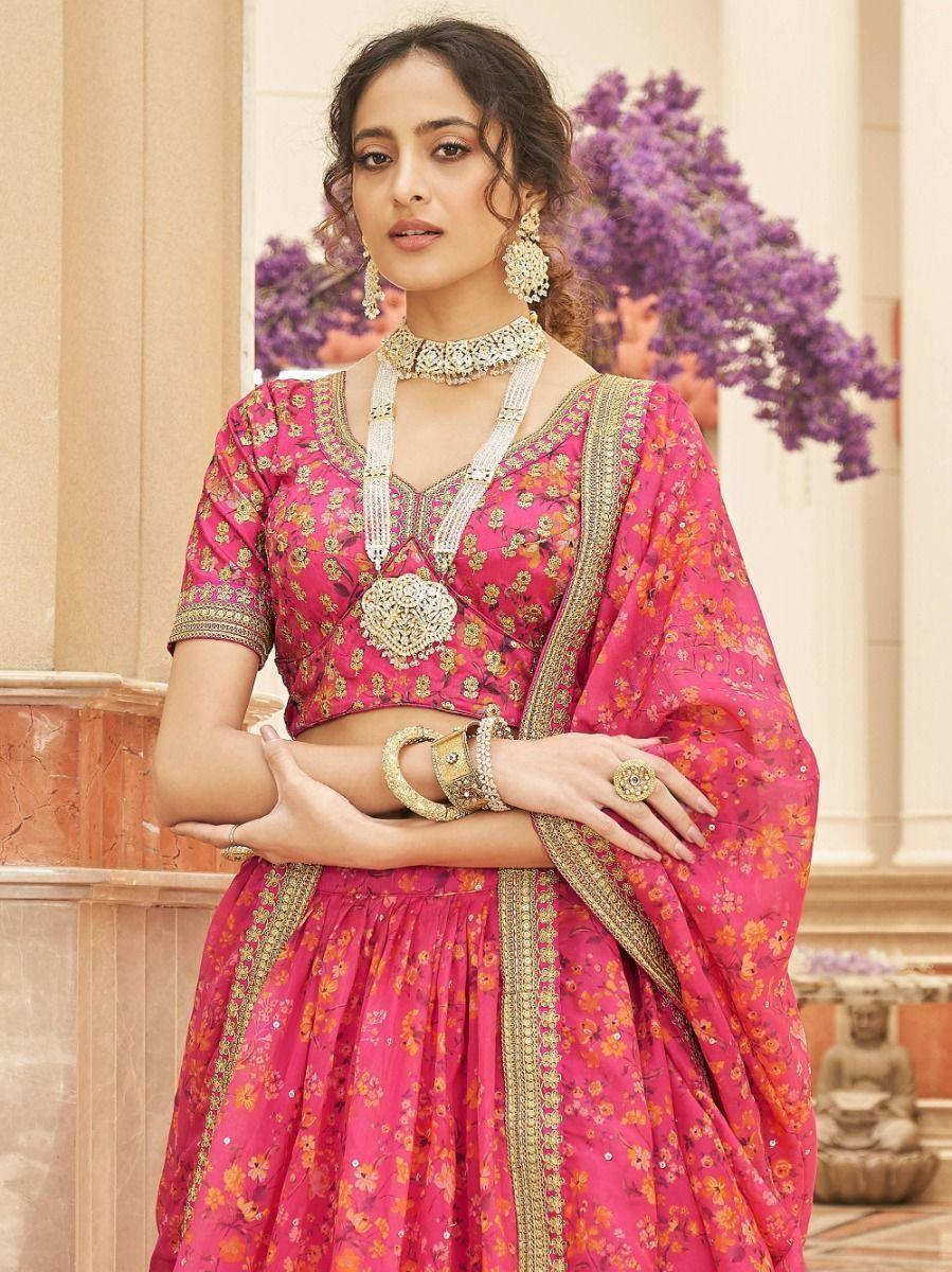 Gorgeous Pink Floral Printed Organza Traditional Lehenga Choli