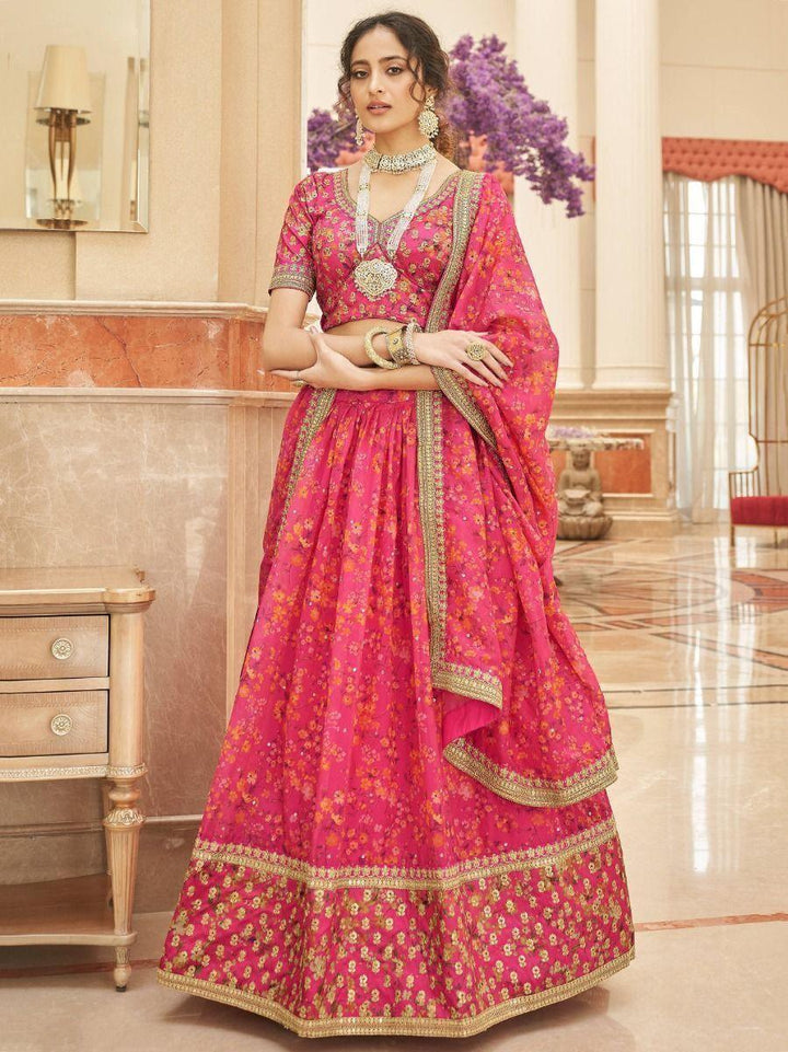 Pink Floral Printed Organza Traditional Lehenga Choli