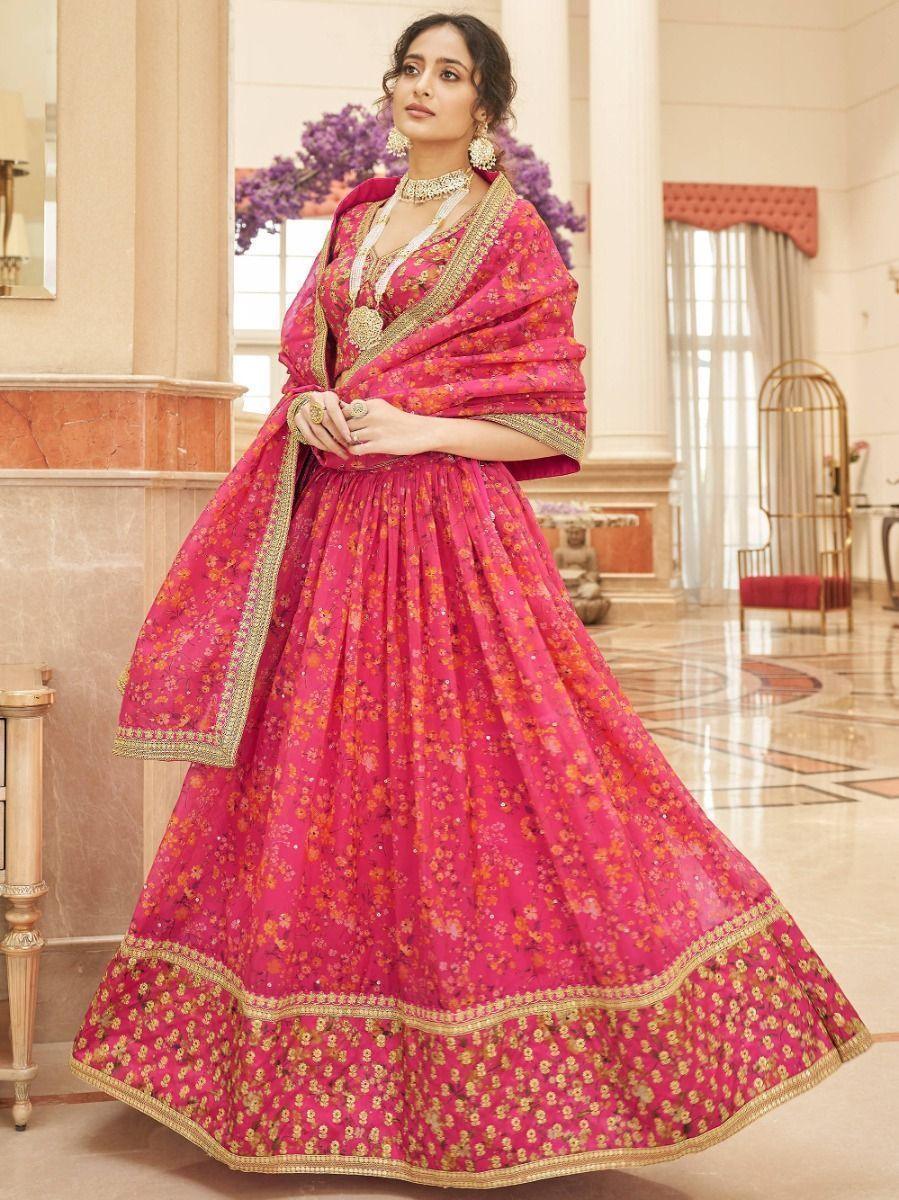 Pink Floral Printed Organza Traditional Lehenga Choli