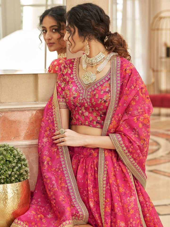 Pink Floral Printed Organza Traditional Lehenga Choli