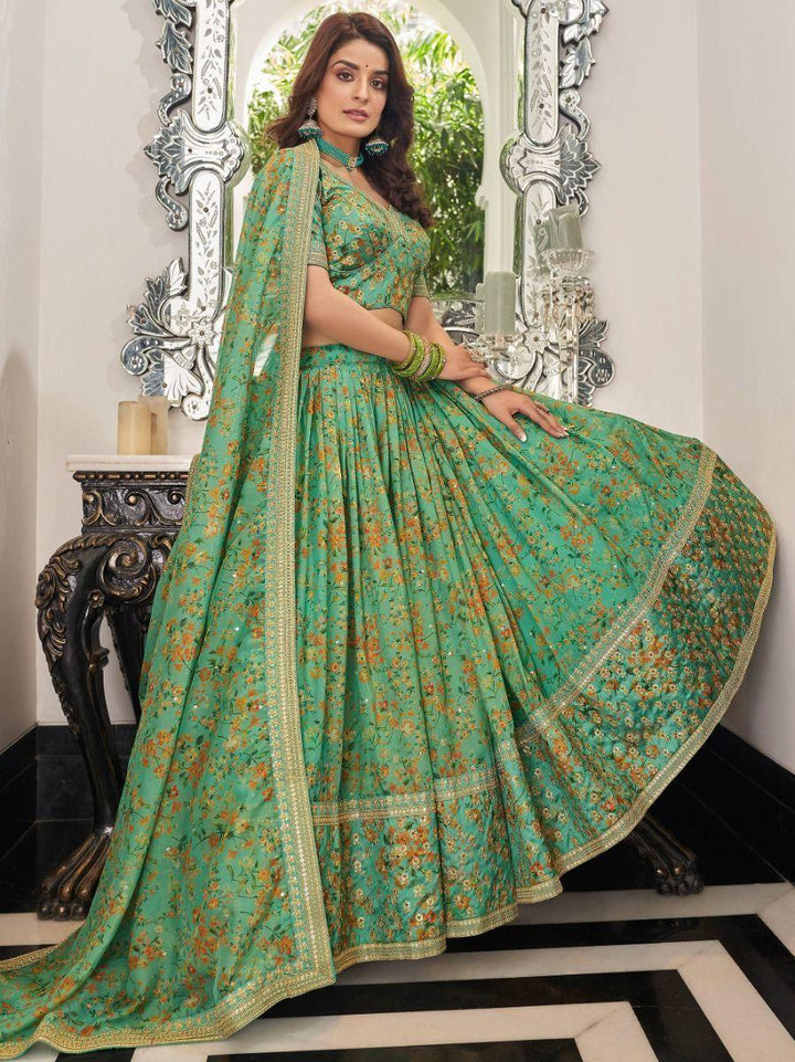 Green Floral Printed Organza Mehendi Wear Lehenga Choli