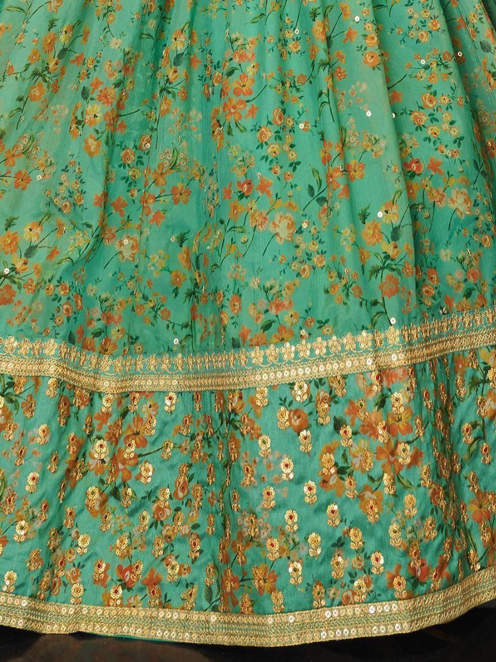 Attractive Green Floral Printed Organza Mehendi Wear Lehenga Choli