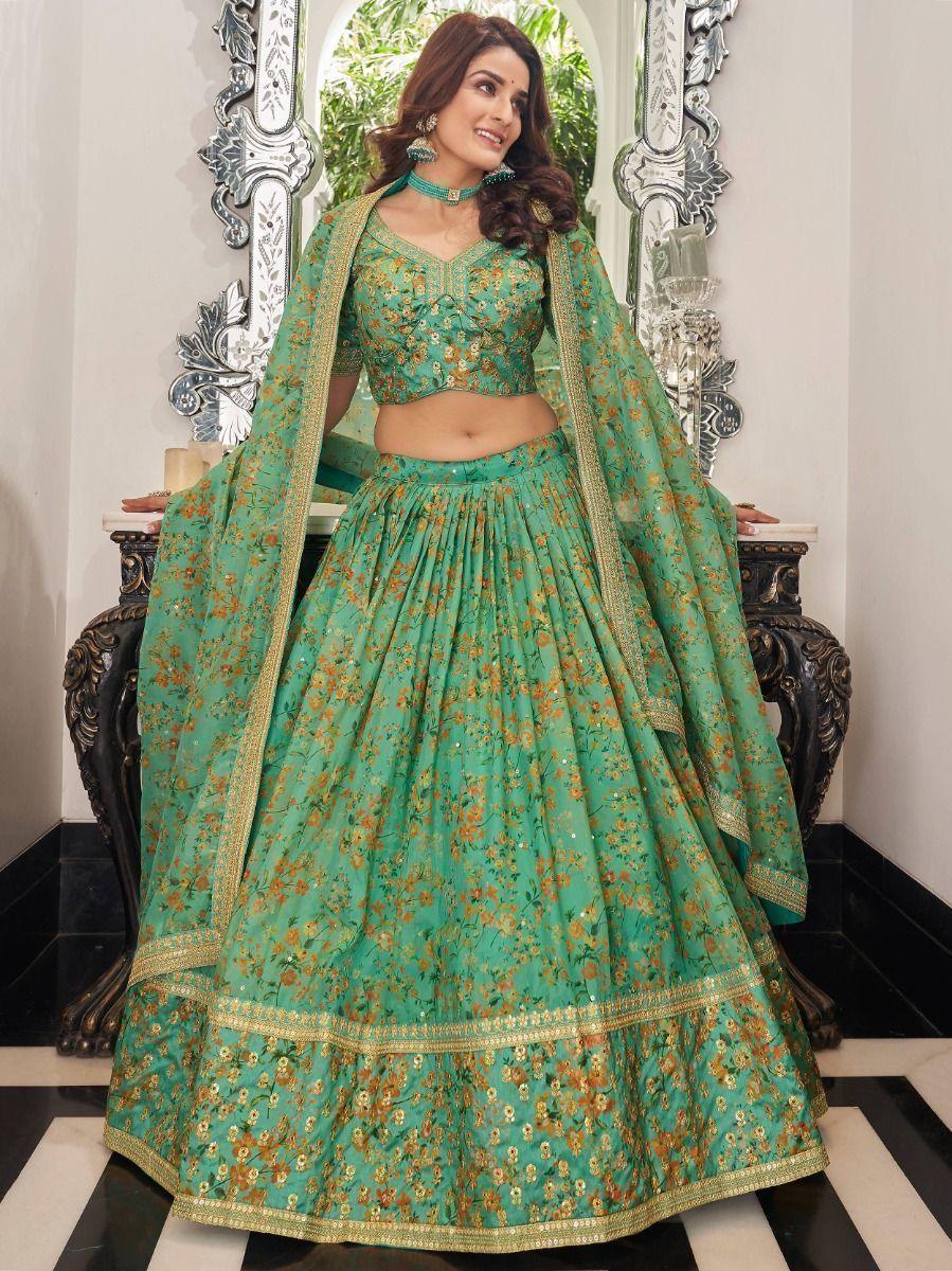 Green Floral Printed Organza Mehendi Wear Lehenga Choli