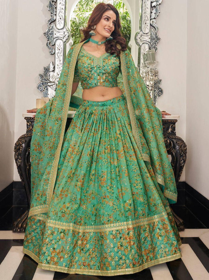 Green Floral Printed Organza Mehendi Wear Lehenga Choli
