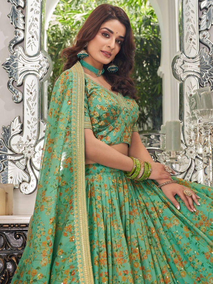 Attractive Green Floral Printed Organza Mehendi Wear Lehenga Choli