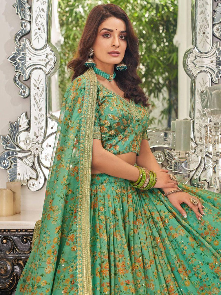 Green Floral Printed Organza Mehendi Wear Lehenga Choli