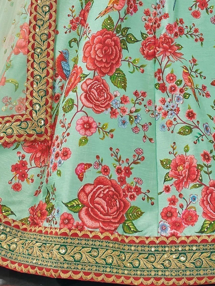 Mint Green Floral Printed Art Silk Wedding Wear Lehenga Choli