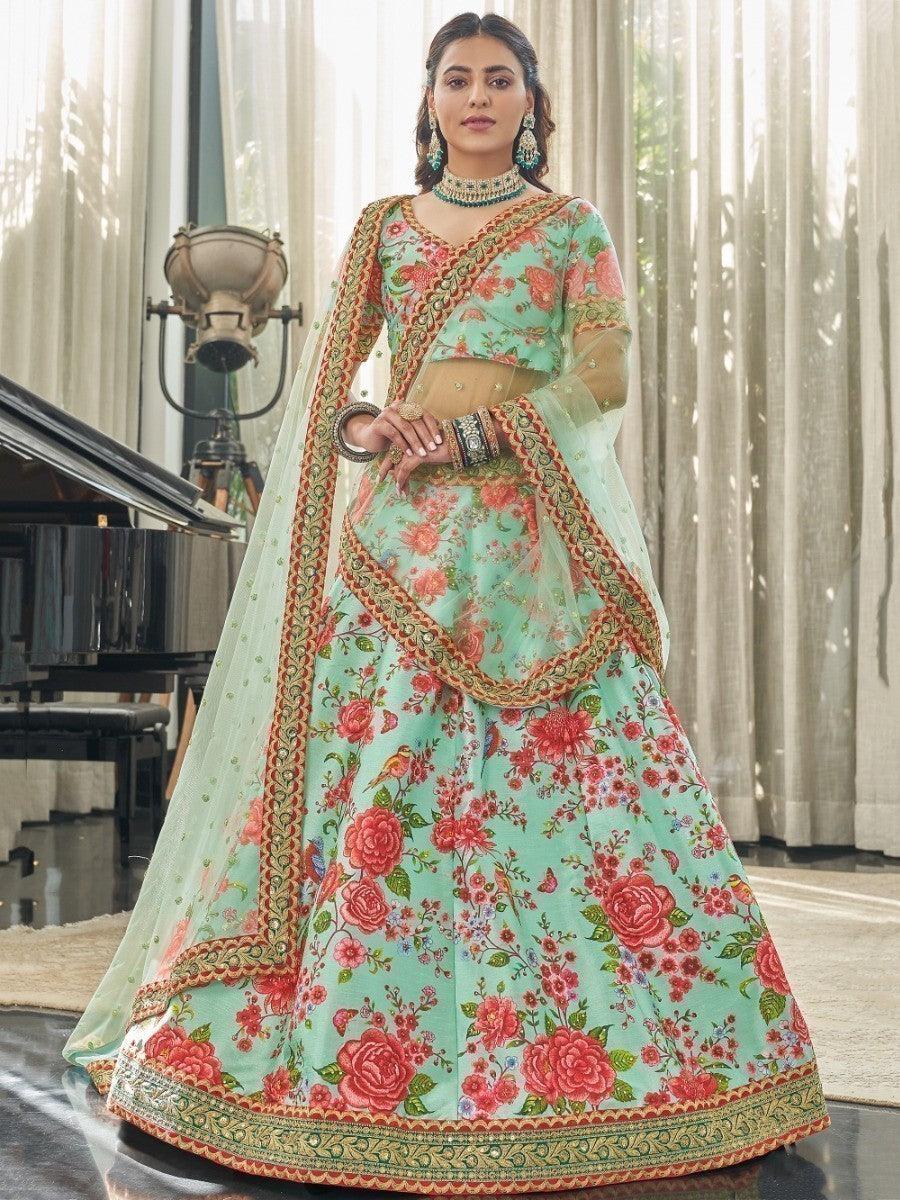 Green Floral Printed Art Silk Wedding Wear Lehenga Choli