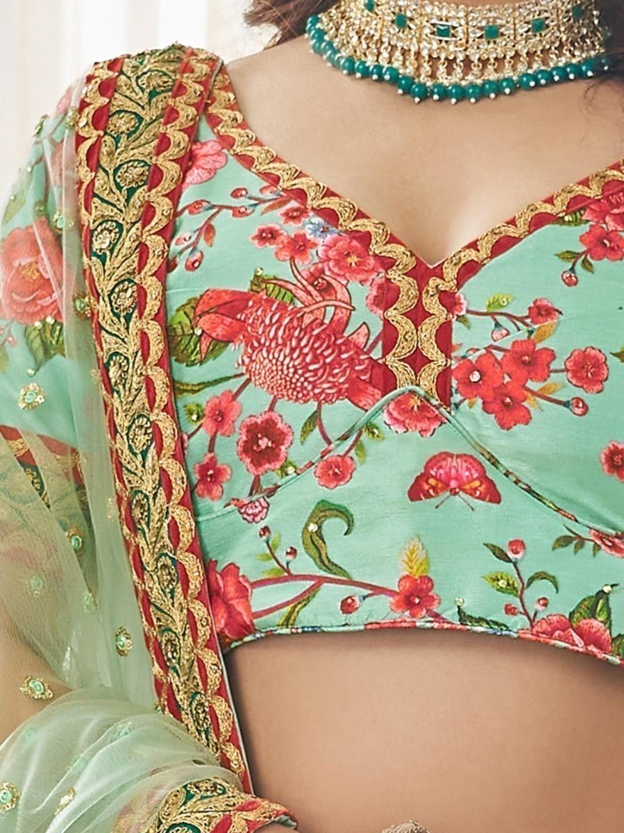 Mint Green Floral Printed Art Silk Wedding Wear Lehenga Choli