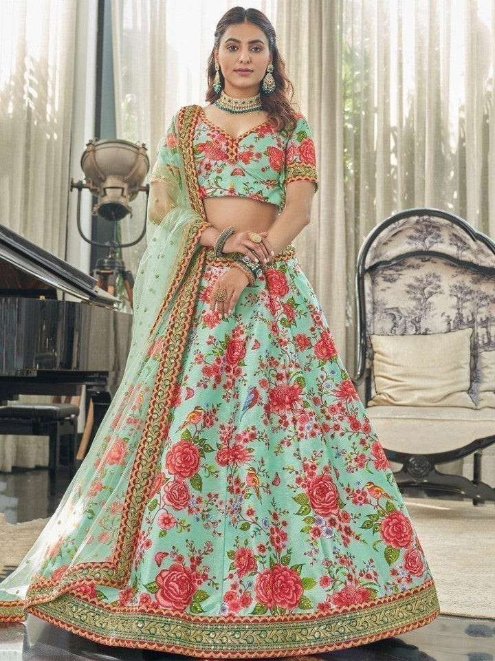 Green Floral Printed Art Silk Wedding Wear Lehenga Choli