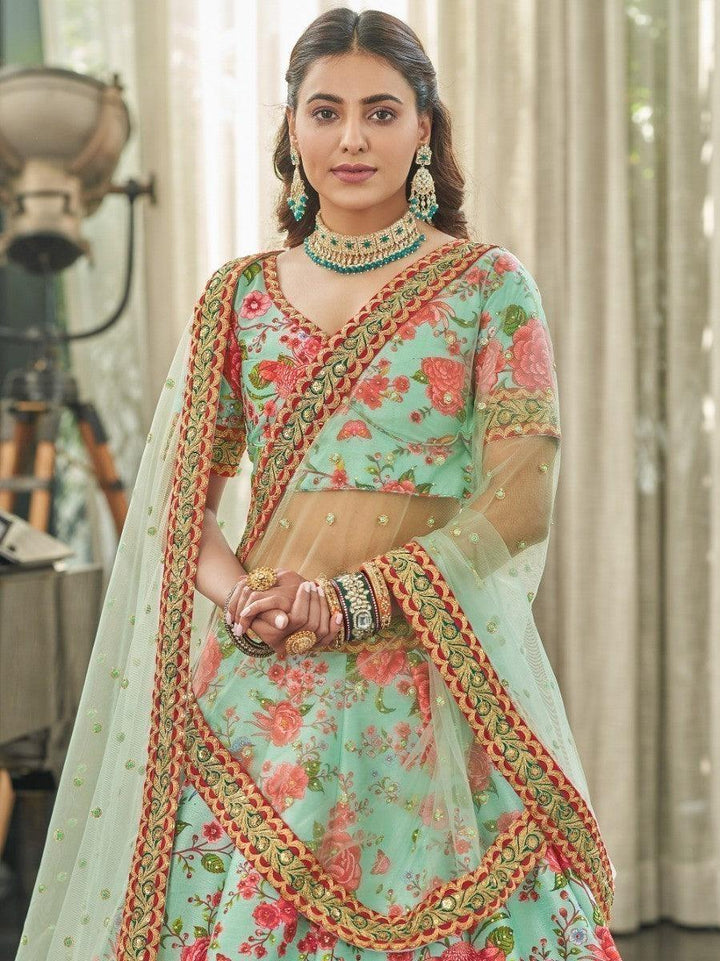 Mint Green Floral Printed Art Silk Wedding Wear Lehenga Choli