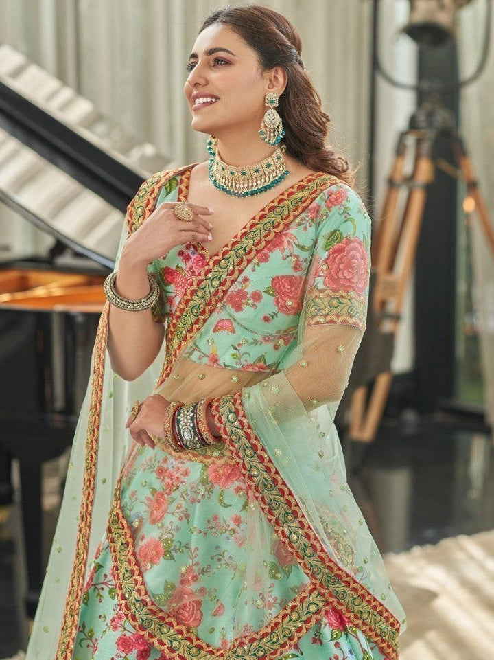 Mint Green Floral Printed Art Silk Wedding Wear Lehenga Choli