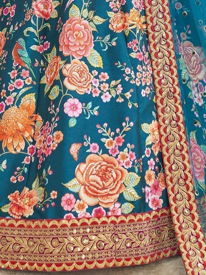 Teal Blue Floral Printed Art Silk Wedding Wear Lehenga Choli